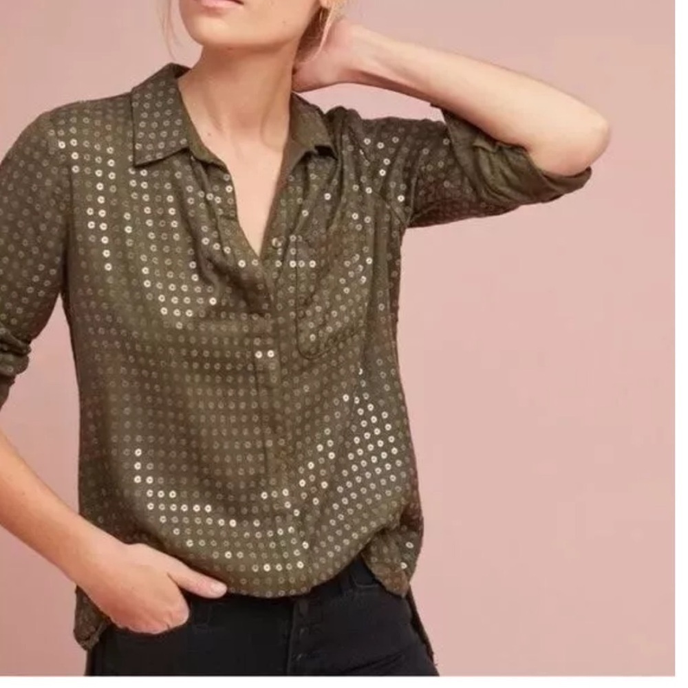 Anthropologie Maeve Arwa Olive Green Sequin Button Up Blouse Size XS